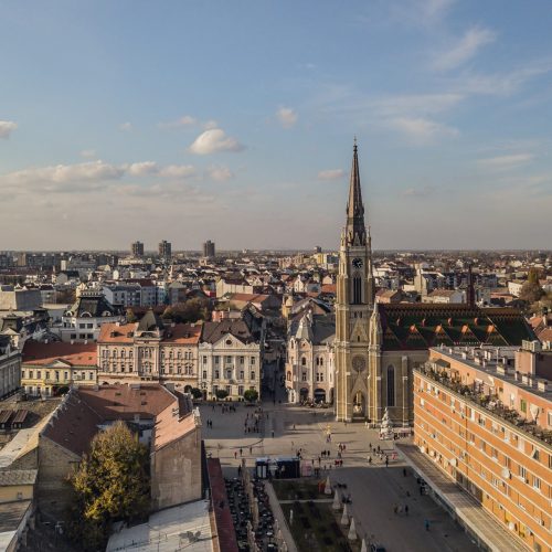 Aerial view of Novi Sad catholic cathedral